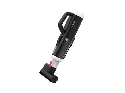 Black and white handheld wet dry vacuum mop with compact cleaning head and stand