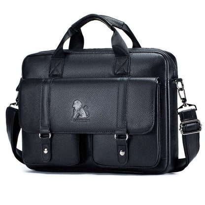 Black leather business briefcase with front flap, buckle accents, and adjustable shoulder strap