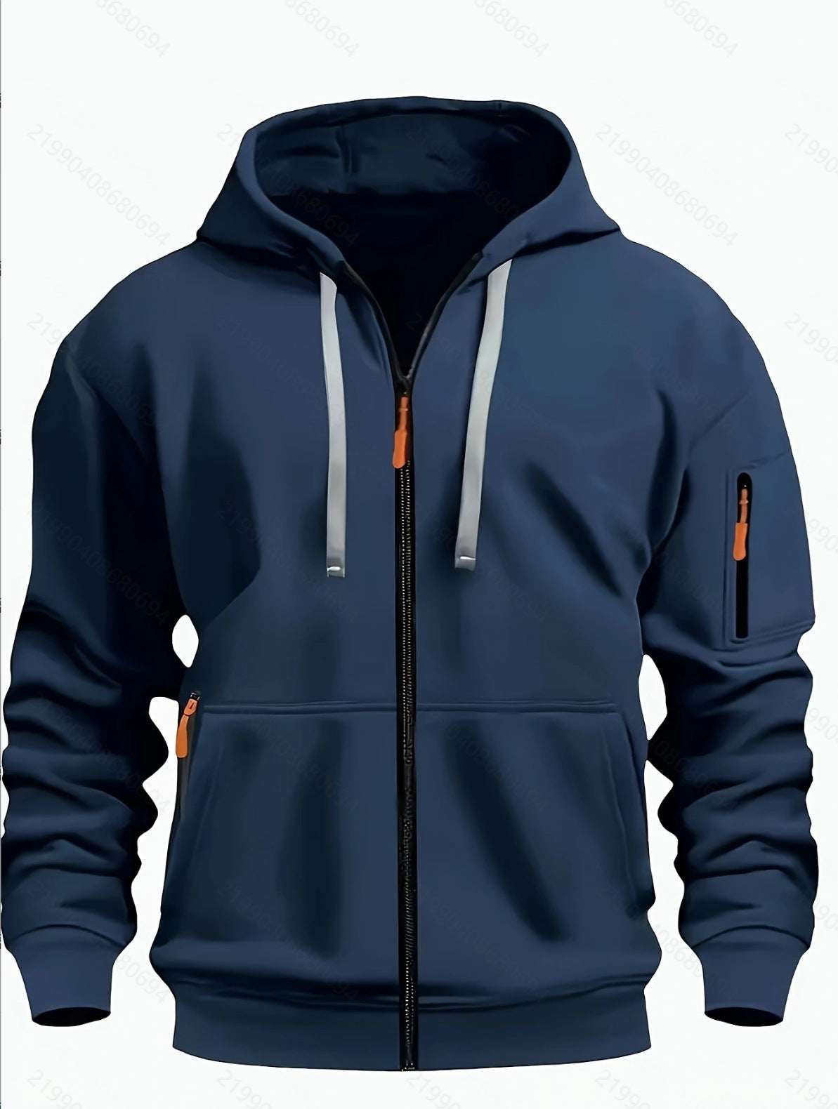 Navy zip-up hooded sweatshirt for men with front pockets and drawstring hood