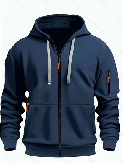 Navy zip-up hooded sweatshirt for men with front pockets and drawstring hood