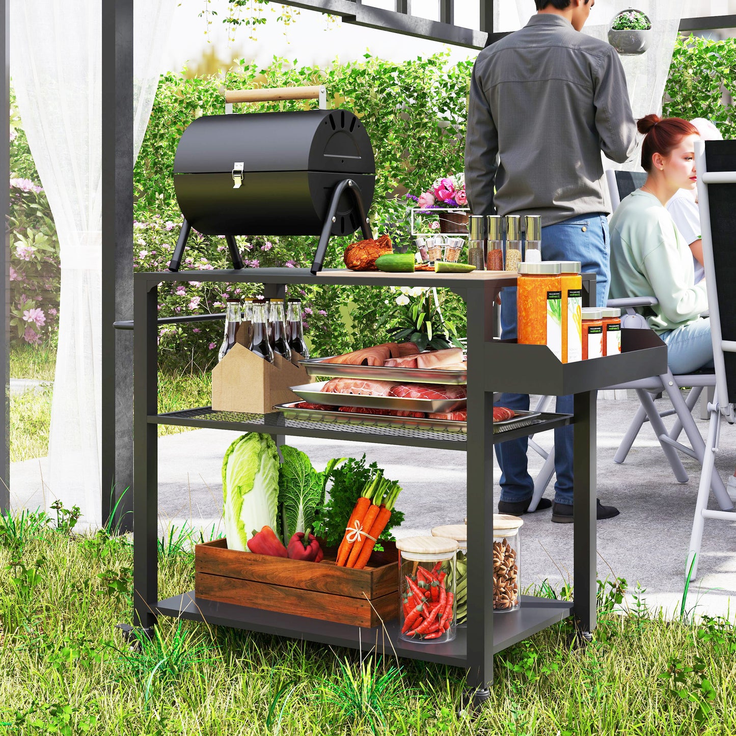 Black outdoor grill cart with three shelves and top grill mounting, on wheels
