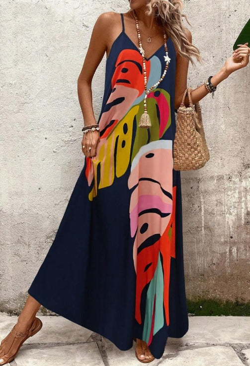 Women’s Colorful Leaf Print Strappy Maxi Dress