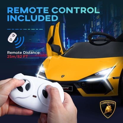 Yellow 12V kids ride-on car front view with handheld remote controller