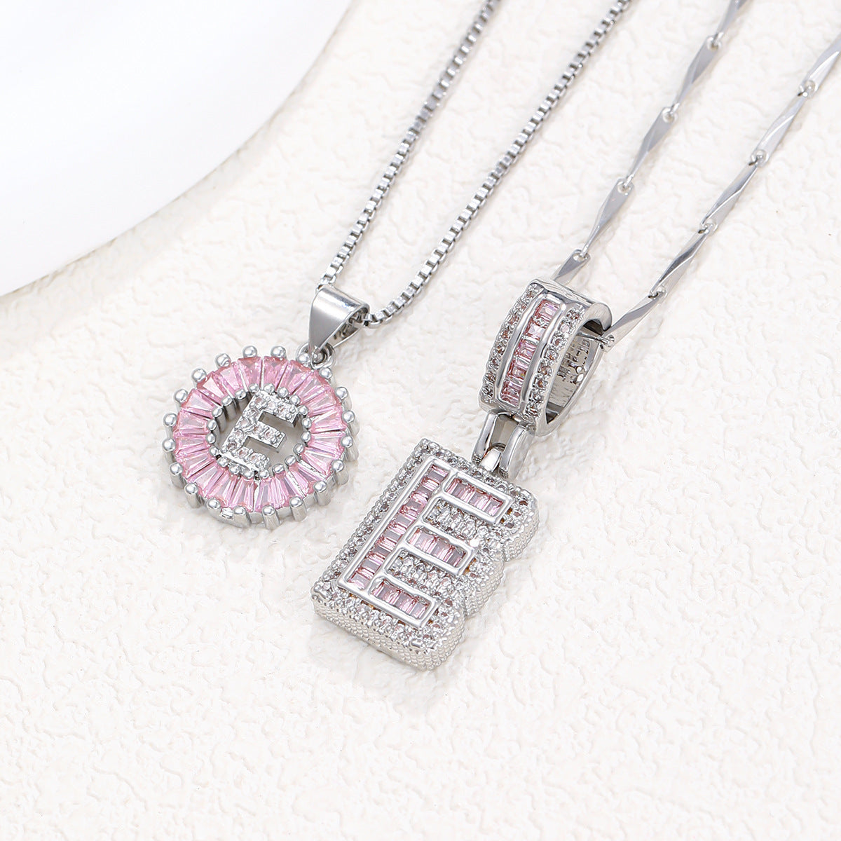 Silver-tone pendant necklace set with pink crystal flower halo round pendant and letter pendant