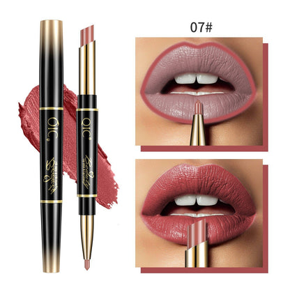 Lipstick with gold cap and black body, shown on lips with close-up swatch.