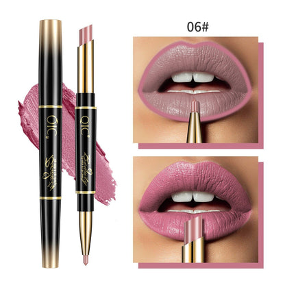 Lipstick with gold and black casing, applied on lips with close-up shots.