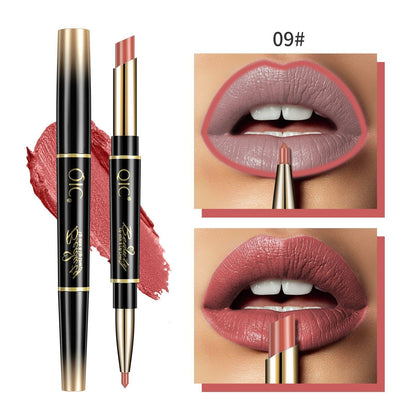 Lipstick with gold cap and black body, shown on a white background with close-up of lips wearing the shade.