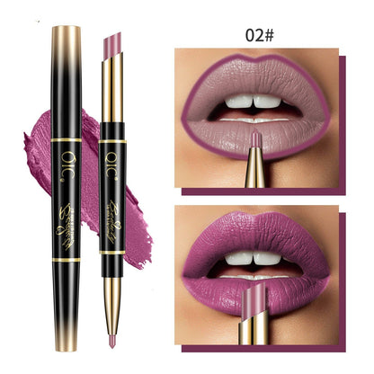 Lipstick with gold cap and black body, shown on a white background with close-up of lips wearing the color.