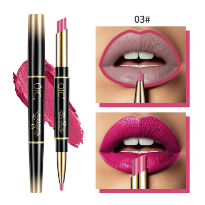 Lip liner with pink color swatch and application on lips