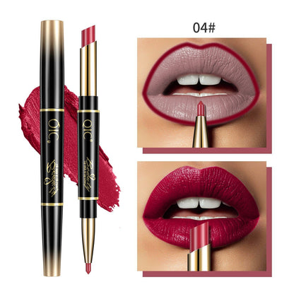 Lipstick with gold and black casing, shown on lips with close-up details.