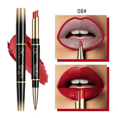 Lipstick with gold cap and black body, shown on a white background with close-up of lips wearing the lipstick.
