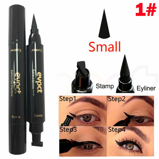 Black eyeliner pen with stamp and step-by-step usage guide on a white background
