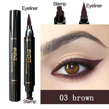Eyeliner product with stamp and close-up of eye wearing brown eyeliner.