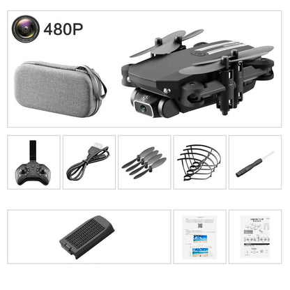 Collapsible drone with accessories including a carrying case, remote control, and cables on a white background.