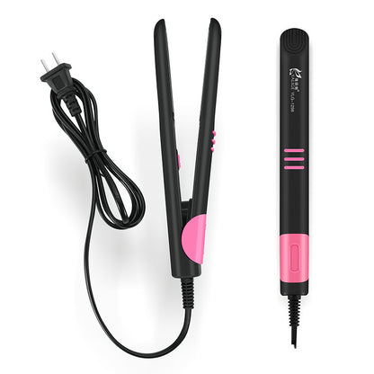 Black and pink hair straightener with cord on a white background