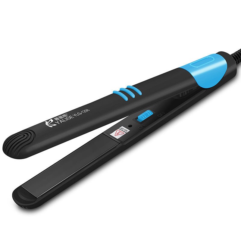 Black and blue hair straightener on a white background
