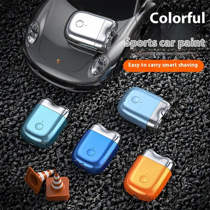 Smart shaving devices with colorful designs on a textured surface, featuring a car in the background.