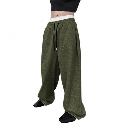 Men's olive green sweatpants with elastic waist and drawstring, loose straight legs