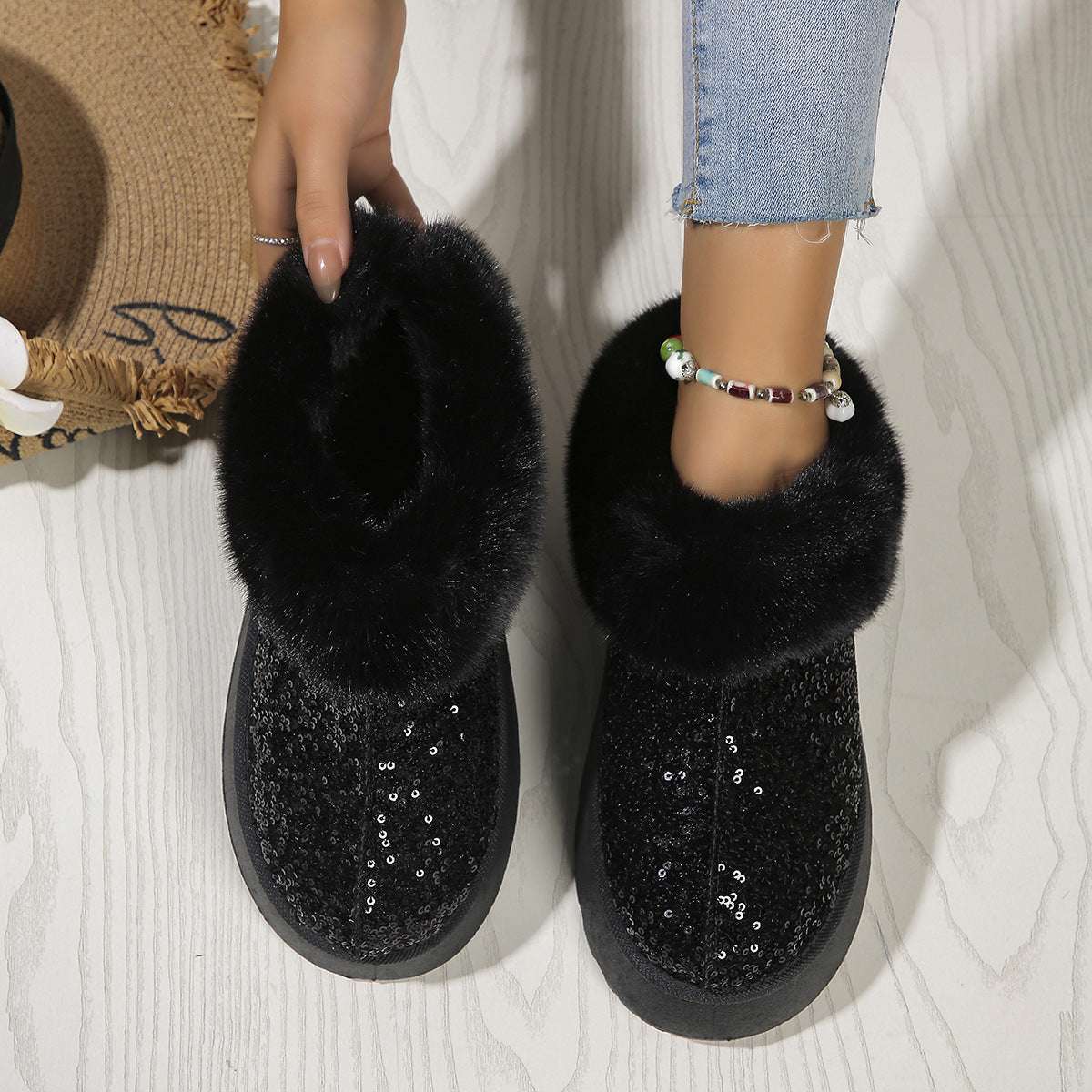 Fashion Sequined Plush Shoes – Thick Sole Warm Winter Slippers Fashion Sequined Thick-soled Plush Shoes | Ectron Online