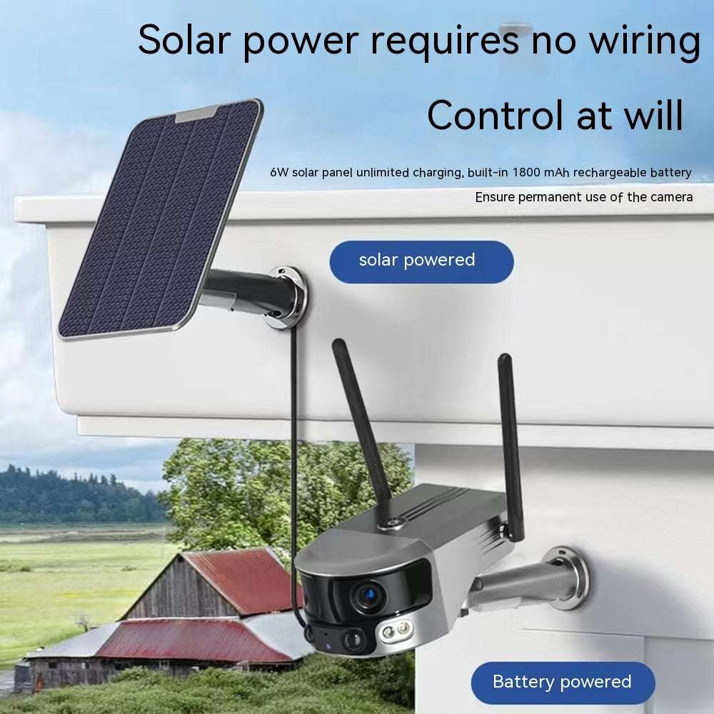 Solar-powered security camera with a battery pack on a wall, with text highlighting solar power and control features.