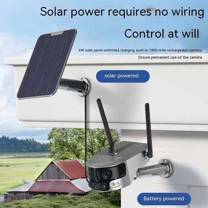 Solar-powered security camera with a battery pack on a wall, with text highlighting solar power and control features.