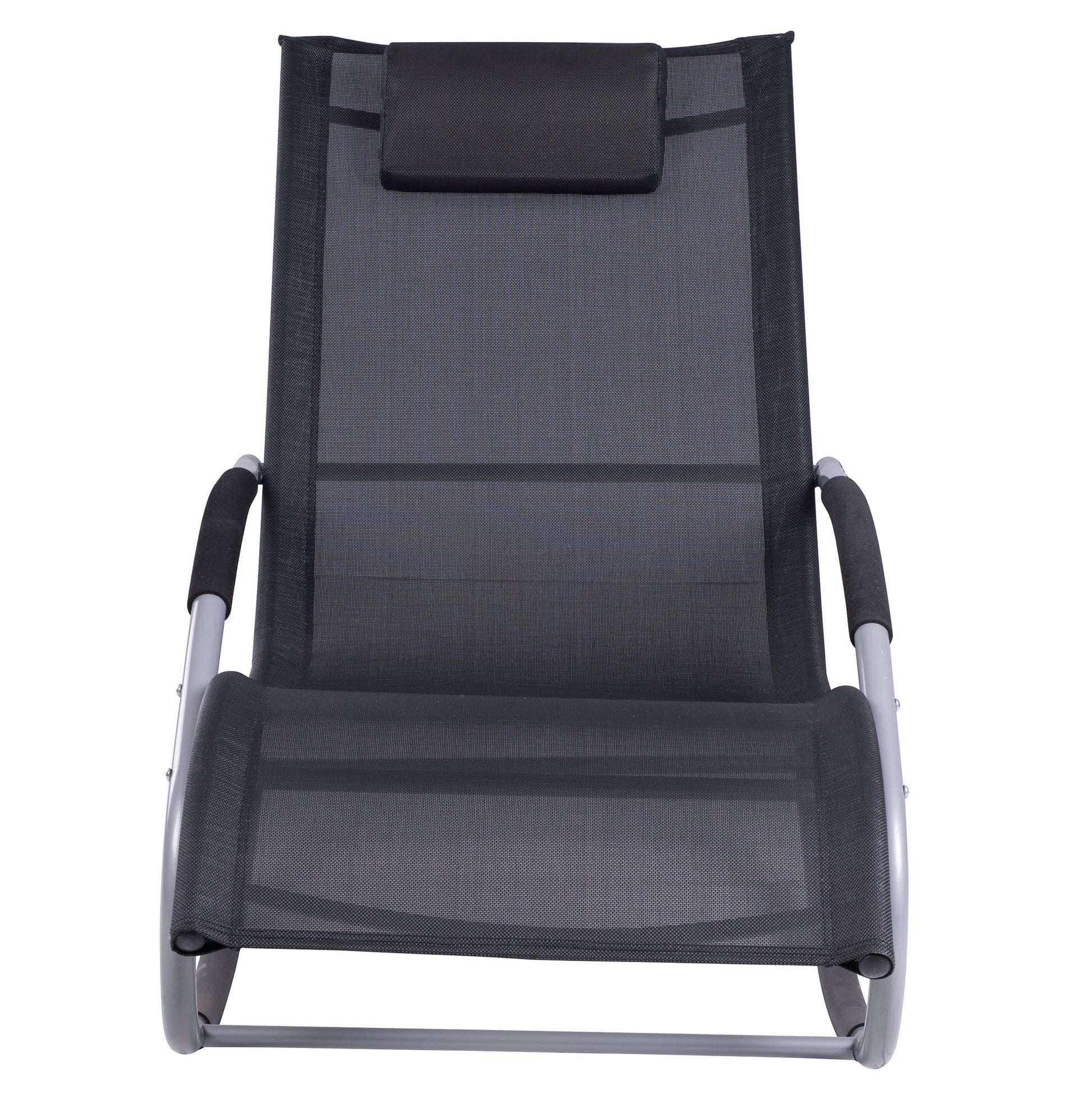 Black mesh outdoor rocking chair with padded headrest and gray tubular steel frame