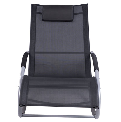 Black mesh outdoor rocking chair with padded headrest and gray tubular steel frame