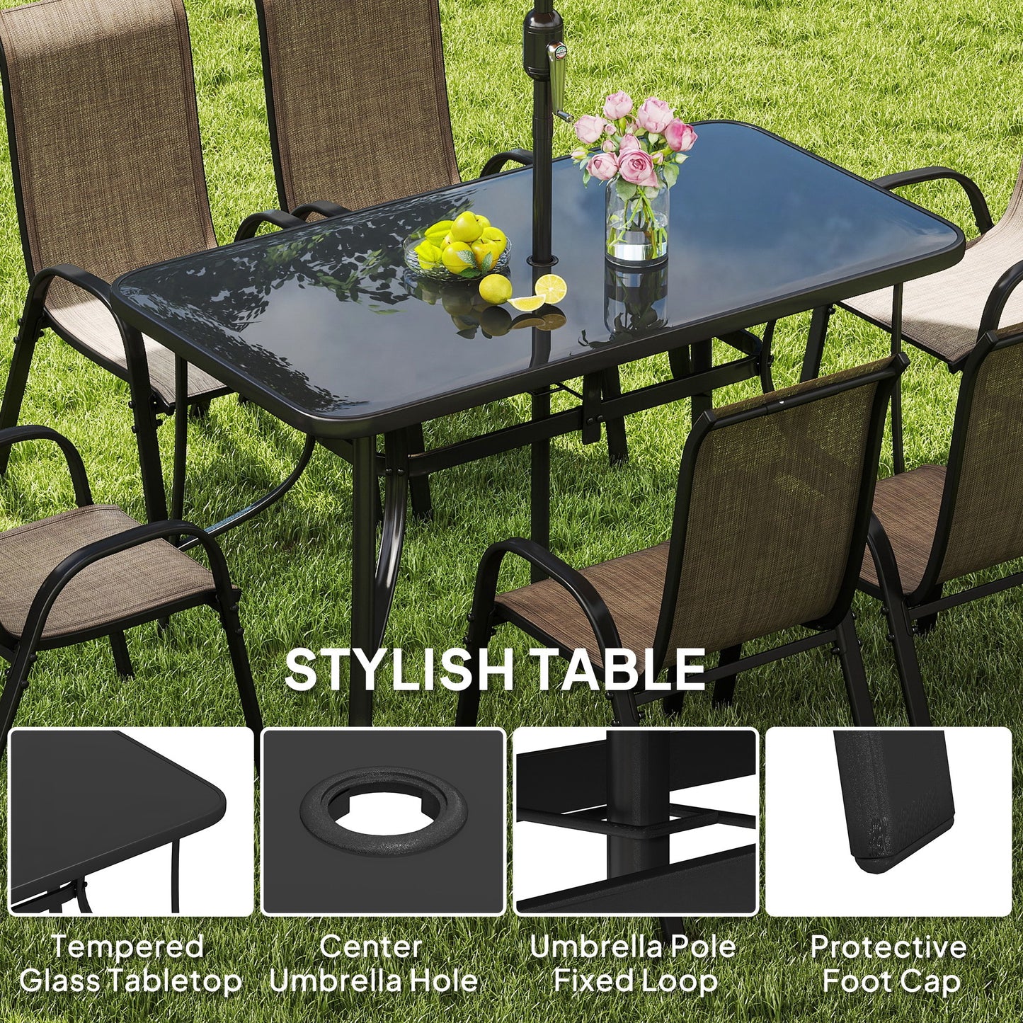 8-Piece Patio Dining Set with 9Ft Umbrella - Light Mixed Brown