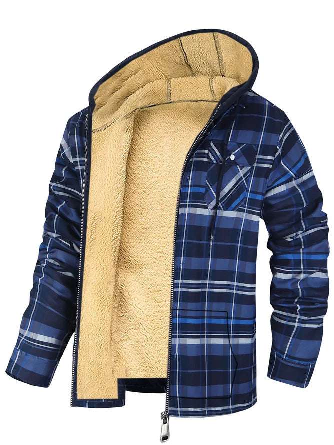Men's Plaid Hooded Zip-Up Jacket | Thickened Winter Coat

