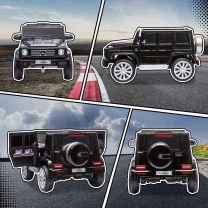 Black kids electric G-Wagon ride-on shown from front, side, and rear angles