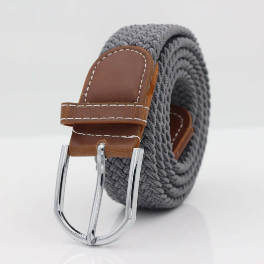 Simple Stretch And Breathable Canvas Woven Belt in gray with a leather buckle.