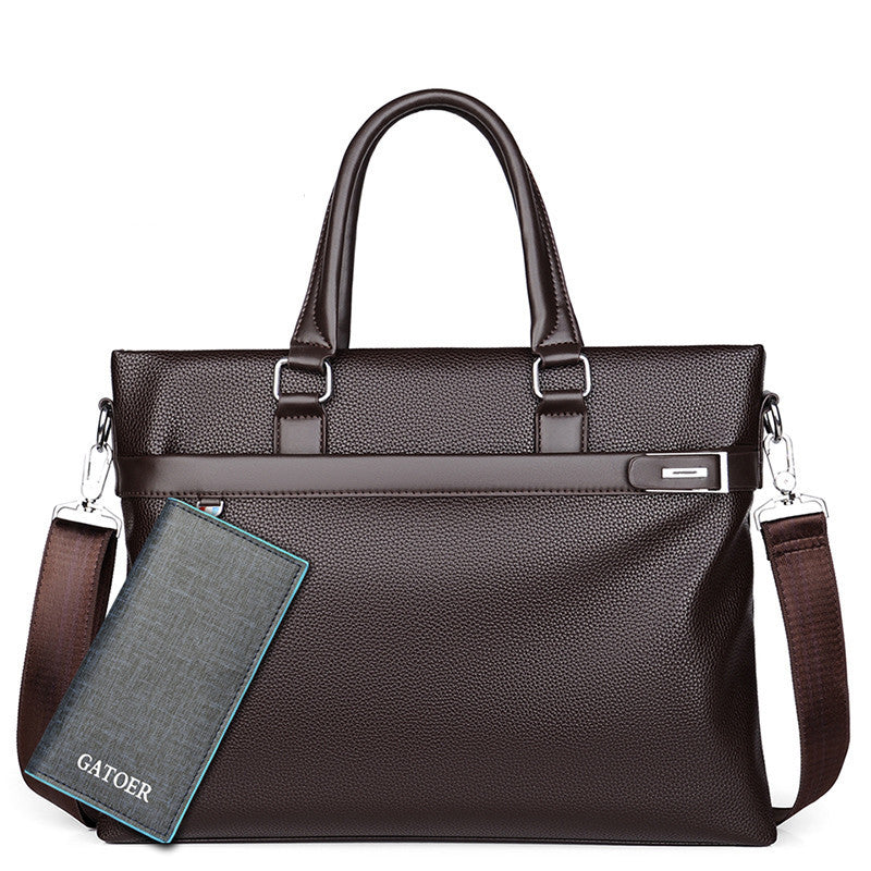 Men's soft leather briefcase, large brown with top handles, front zip pocket, shoulder strap