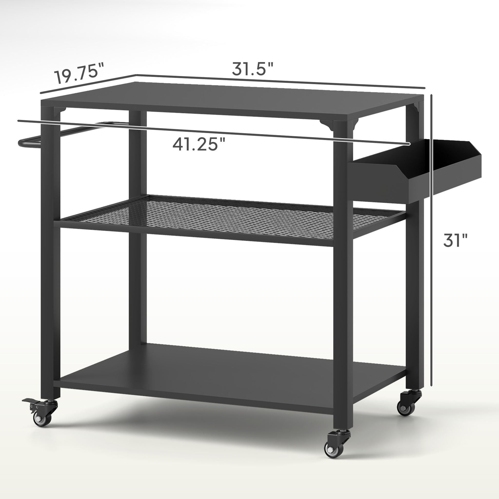 Black metal grill cart with three levels, wire shelf center, and locking casters