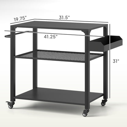 Black metal grill cart with three levels, wire shelf center, and locking casters