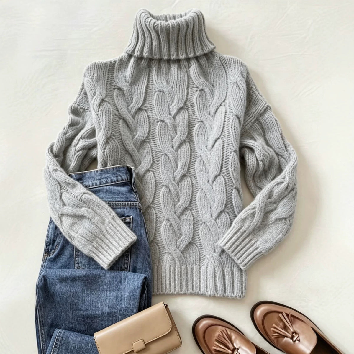 Gray cable-knit turtleneck long-sleeve sweater with chunky twisted cable pattern.