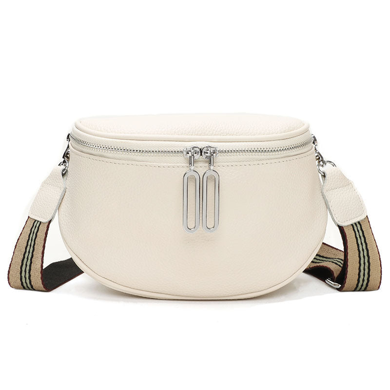 Cowhide casual shoulder bag in off-white with double-zip pulls and striped webbing strap.