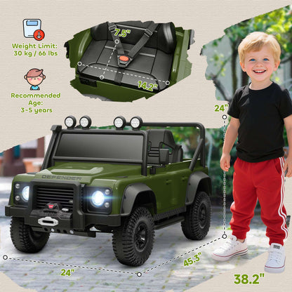 Dark green kids electric ride-on SUV with open seats and front lights