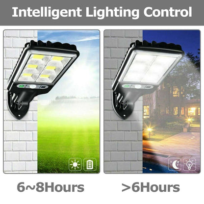 Black solar LED wall light with control buttons and illuminated lamp panel