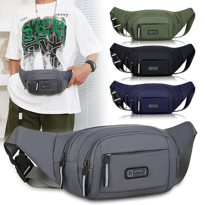 Dark gray waist bag with zippered front pocket and adjustable crossbody strap