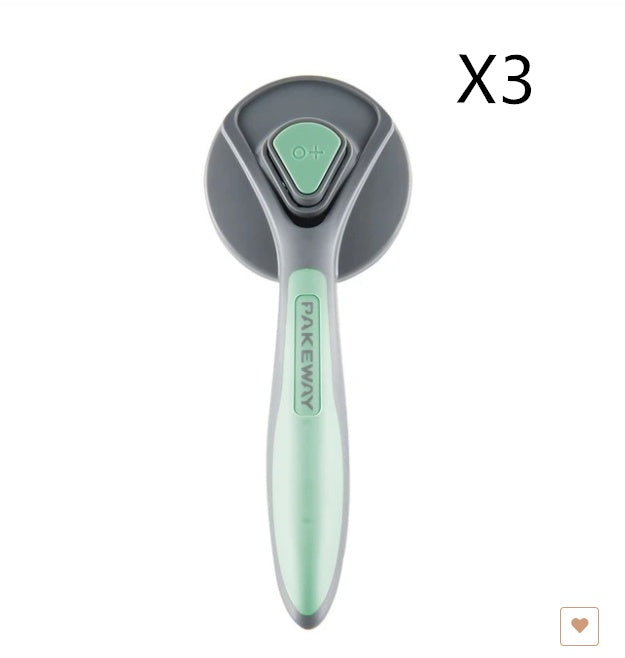 Three pet self-cleaning combs in different colors (pink, green, and gray) with a massage brush feature laid out on a two-tone pastel background.