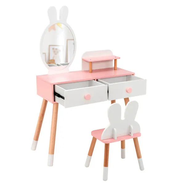 Pink kids vanity table with round mirror, open shelf top, and two front drawers plus stool