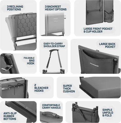 Grey folding stadium seat detail: reclining backrest, side pocket, carry handle, storage hooks.