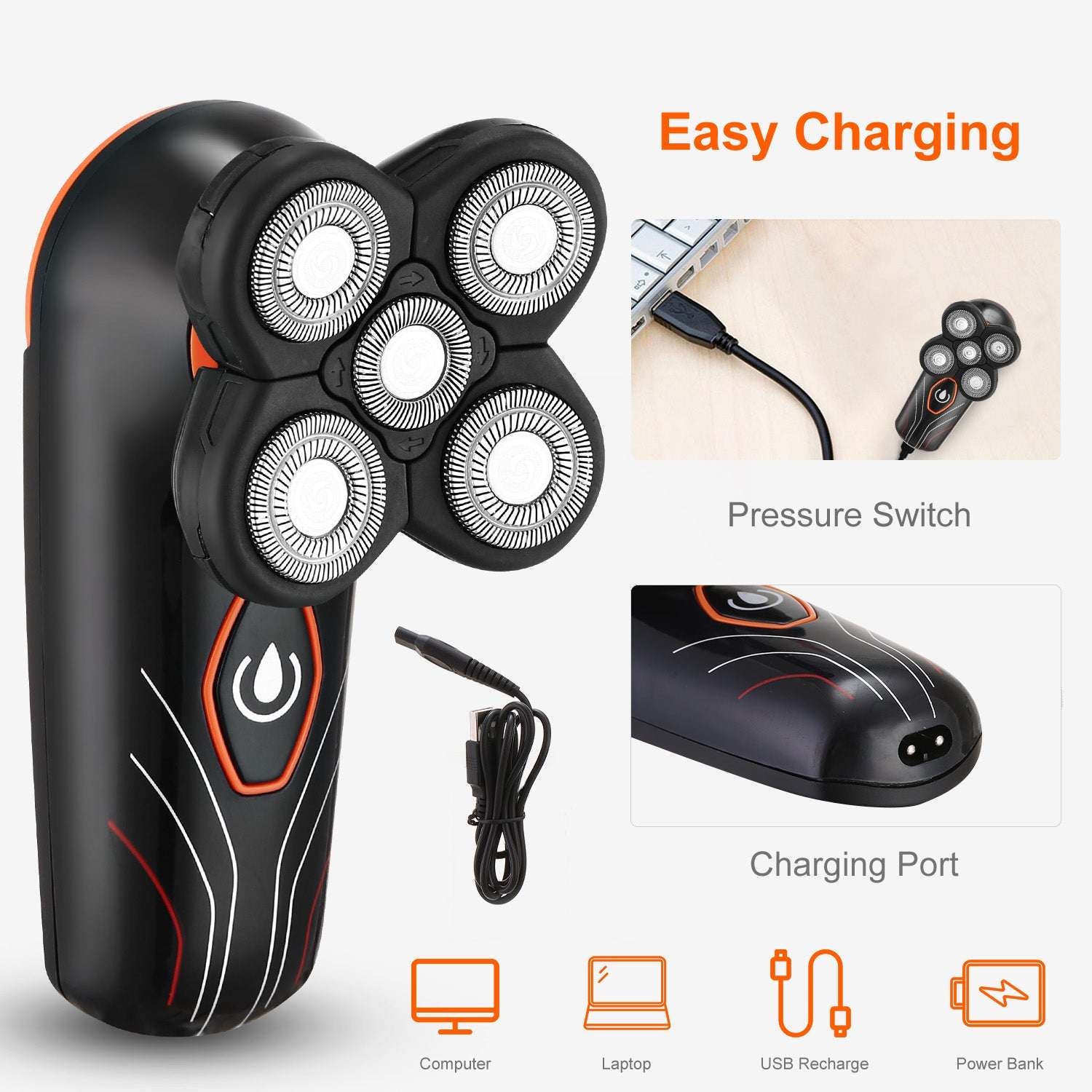 4D 5-Head Electric Shaver - IPX7 Waterproof Wet & Dry Rotary Razor 4D Electric Shavers Razor IPX7 Waterproo | Ectron Online