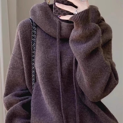 Women's Hooded Knitted Sweater | Minimalist Solid Color Knit Top Hooded Solid Color Knitted Sweater | Ectron Online