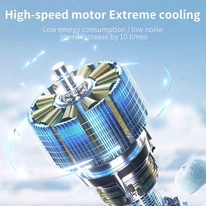Handheld fan device with glowing blue cooling effect around the circular grille