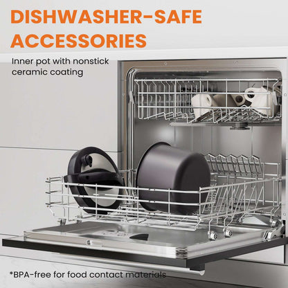 Dishwasher-safe accessories with electric pressure cooker inner pot and lid in open dishwasher