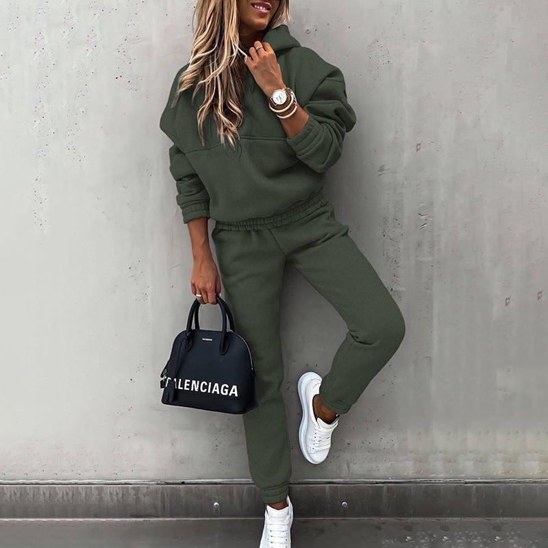 Women's dark green 2-piece casual tracksuit with hooded sweatshirt and jogger pants