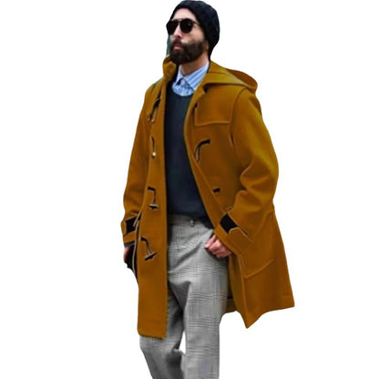 Men’s hooded wool trench coat in ginger yellow, horn-style buttons and structured chest pockets.