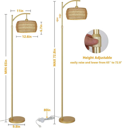 Gold adjustable floor lamp with woven shade, height range shown on diagram
