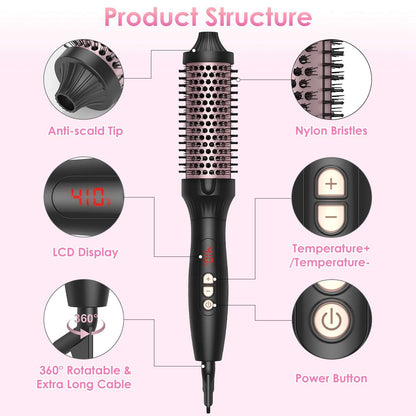 Black hot air styling brush diagram with rose-gold barrel and control buttons